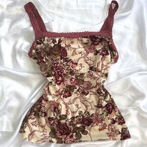 Remain Women Floral Lace Trim Cami Top Burgundy Cream Empire Waist Small